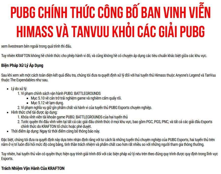 Hình minh họa: Himass và TanVuu bị cấm trên toàn bộ giải đấu PUBG toàn cầu