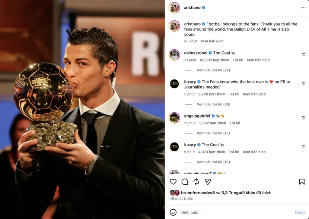 Hình minh họa: Ronaldo ăn mừng Quả Bóng Vàng hay nhất mọi thời